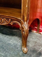 Antique Carved Wood Display Cabinet Floral Basket Crest Rococo Revival 54x24x12