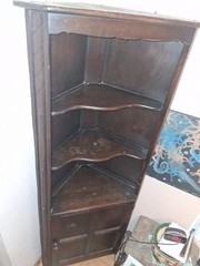 Antique Wood Corner Cabinet Dark Brown 3 Shelves Hinged Door Stained Finish