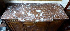 Antique French Oak Sideboard w/Marble Top,3 Doors.w/Carved Foliate & Shells 1930
