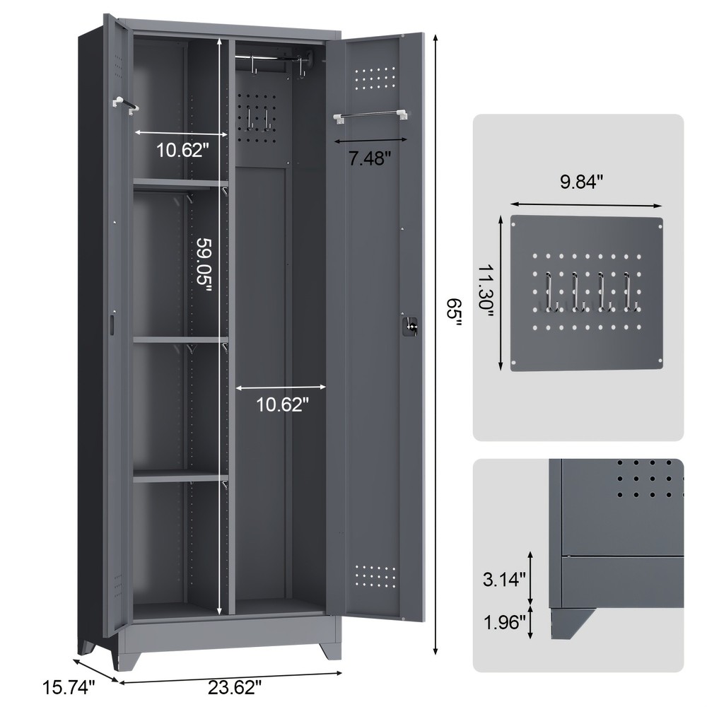 65″ Gray Metal Storage Cabinet With Lockable Doors Hanging Rod And S-Hooks