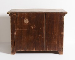 17″W, Antique 1930s small Children’s 2 door Cabinet, faux wood grain painted.