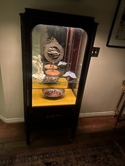 Antique Curio China Cabinet Vitrine Lighted locking door Glass shelf Brass Trim