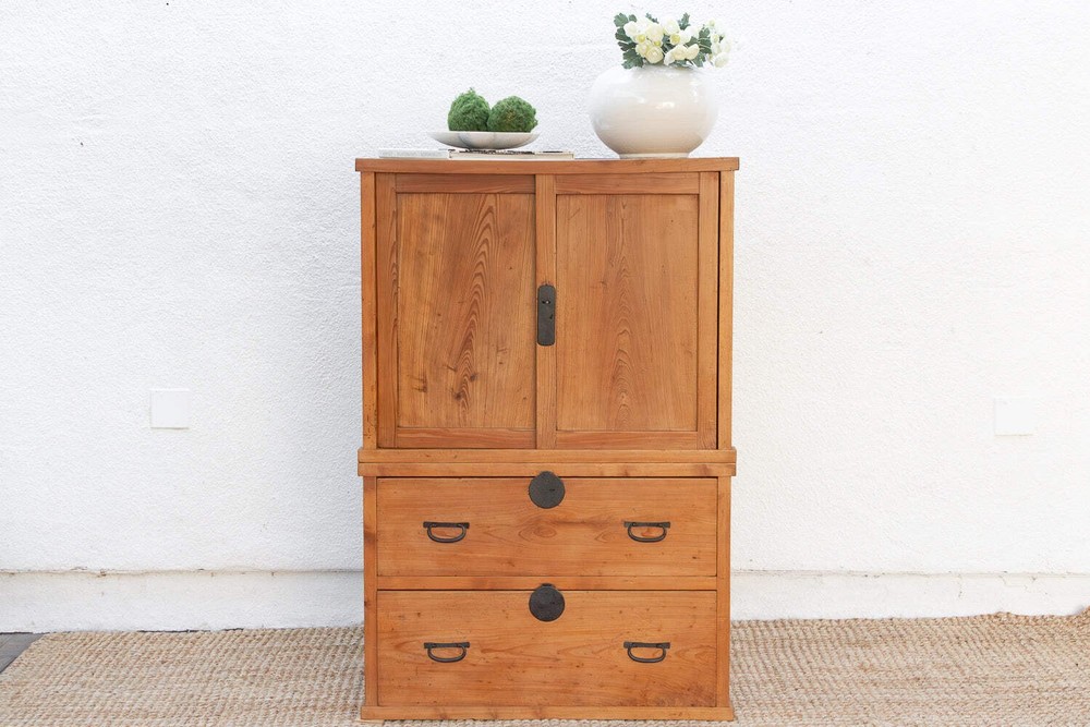 Antique Two-Part Tall Japanese Tansu Cabinet, Stacking Cabinet 2-Piece Tansu