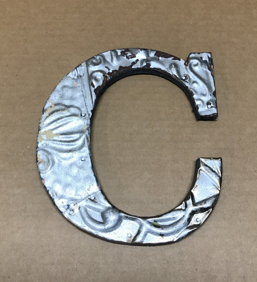 Decorative Salvaged Tin Ceiling 8″ Patchwork Silver Letter C Metal Old 614-26B