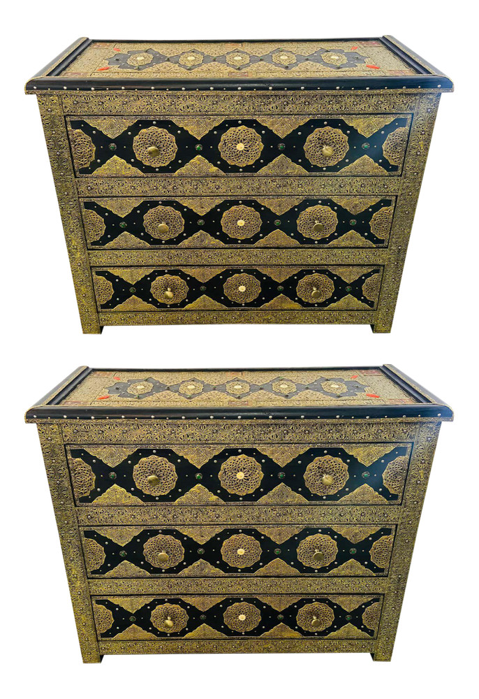 Palatial Hollywood Regency Commode, Chest, Nightstand in Brass and Ebony, a Pair