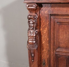 French Antique Renaissance Revival Solid Oak Wood Bar Cabinet with Carvings