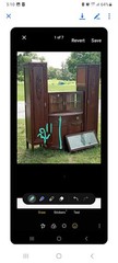 Antique Wood Cabinet with Carved Glass Doors, Drawers, 75.5″ x 66″ x 17.5″