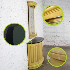 Vintage Neoclassic Revival Blonde Oak Demilune Cabinet or Console and Mirror