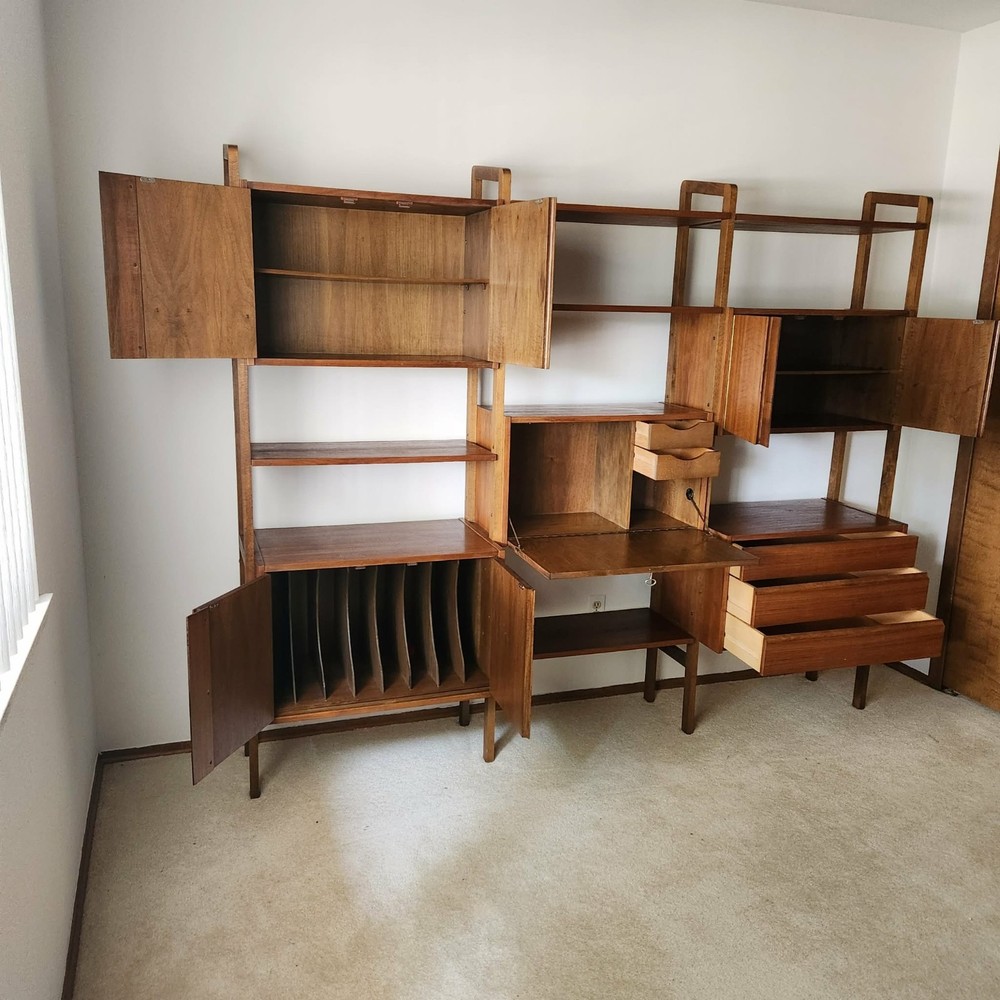 Mint Vintage Mid Century Wall Unit Drop Desk Drawers Cabinets Shelves 60s