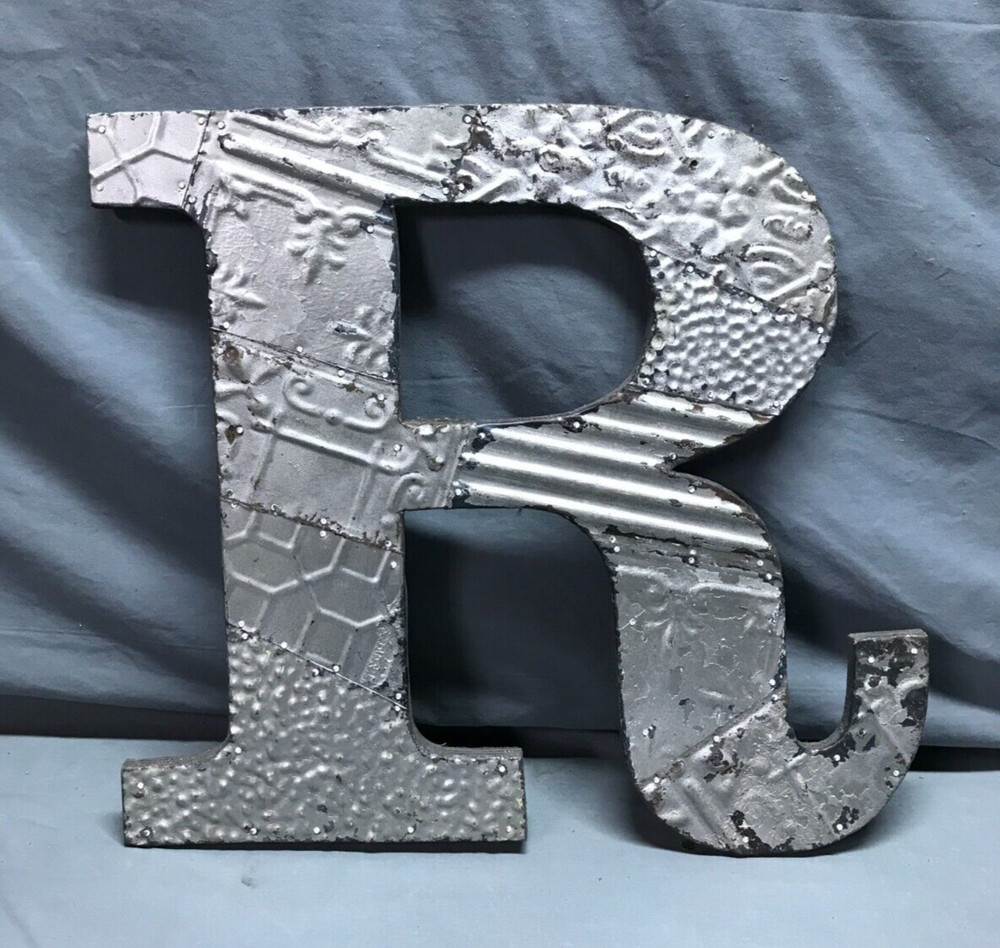 Decorative Salvage Tin Ceiling 16″ Patchwork Silver Metal VTG Letter R 224-25B