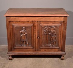 Antique French Cabinet Highly Carved Chestnut Wood w/Boy Girl and Bird (Macaw)