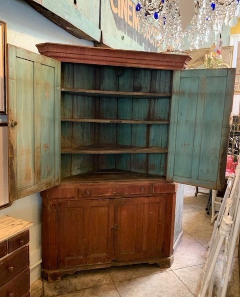 Antique Two-Piece Painted Cupboard Hutch Cabinet Red Exterior Turquoise Interior
