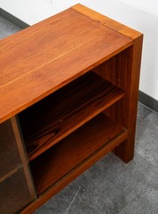 Mid Century Danish Modern Bookshelf Cabinet Teak Shelves Glass Shelves 30″ Mcm