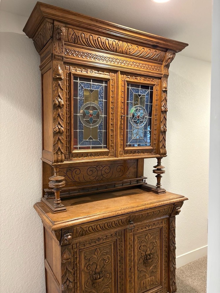 Antique Carved Wood Cabinet with Stained Glass Doors, Brown, Floral Theme