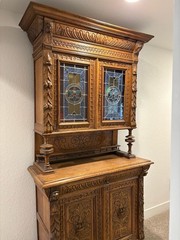 Antique Carved Wood Cabinet with Stained Glass Doors, Brown, Floral Theme
