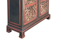 Vintage Oriental Black Red Gold Scenery Carving Storage Cabinet GB101