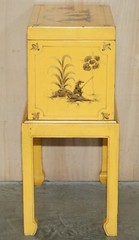 ANTIQUE JAPANNED YELLOW ORIENTAL SIDE CHEST ON STAND HAND PAINTED & LACQUERED