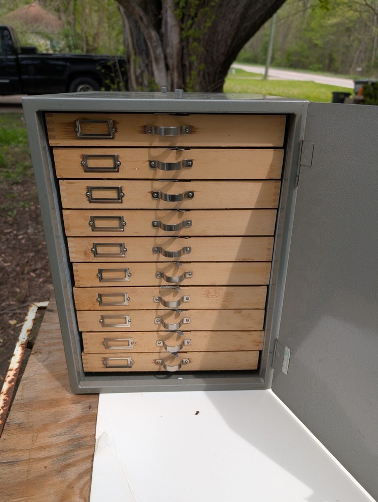 Antique Industrial Enclosed Slide File Cabinet Wooden Drawers Countertop