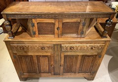 Jacobean Style Two Part Oak Court Cupboard with Decorative Carving