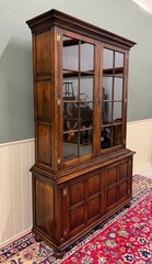 Antique English Large Bookcase Bookshelf Cabinet Double Door Glass Oak c. 1910s