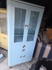 Vintage Baby Blue Curio Cabinet 3 Glass Shelves Two Drawers And A BottomStorage