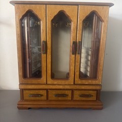 Vintage Large Wood And Glass Door Jewelry Cabinet
