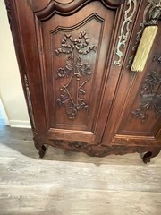 Vintage French hand carved beech china cabinet, 16″ iron hinges, lock and key
