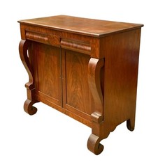 ANTIQUE EMPIRE CROTCHED MAHOGANY JELLY CUPBOARD WITH DOUBLE DOORS & OGEE DRAWERS