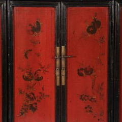 Antique 19th Century Chinese Red Lacquered Cabinet With Flowers