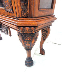Antique Oak Display China Cabinet Display Hutch with Claw Feet & Ornate Carving