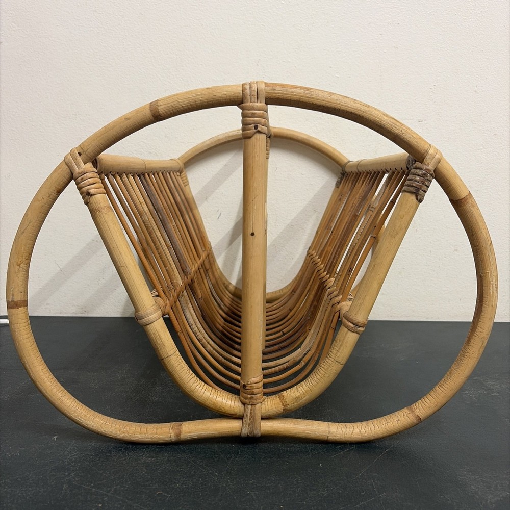 Vintage Pretzel End Cane And Rattan Magazine Rack 1960s 47 X 35 X 45cm