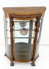 Solid Tiger Oak Curved Glass China Cabinet Carved Claw Feet Lion Heads MINT!