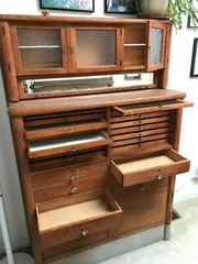 Antique Oak Dental Cabinet Etched Glass Doors and Drop Down Glass Cover 