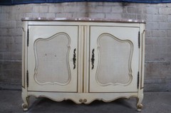 Mid Century French Provincial Serpentine Pink Marble Top Console Cabinet Rattan