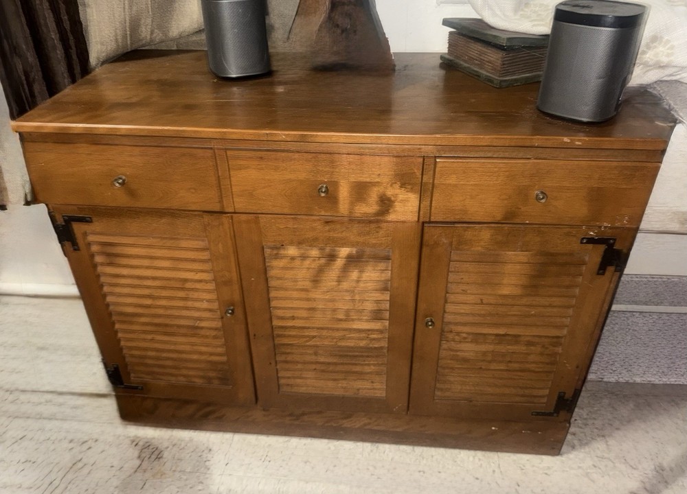 Ethan Allen Nutmeg Antique Stained Wood Cabinet with Louvered Doors and Drawers