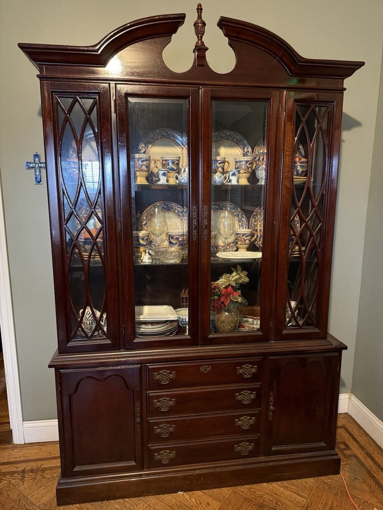 Antique Wood Glass China Cabinet with Glass Doors, 3 Shelves, 4 Drawers