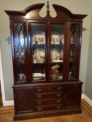 Antique Wood Glass China Cabinet with Glass Doors, 3 Shelves, 4 Drawers