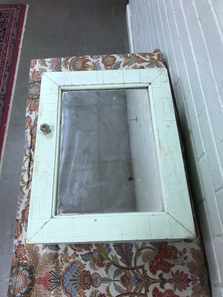 ANTIQUE SHABBY LIGHT GREEN MEDICINE CABINET CUPBOARD W/MIRROR 18 X 14 X 6” DEEP