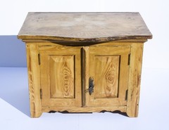17″W, Antique 1930s small Children’s 2 door Cabinet, faux wood grain painted.