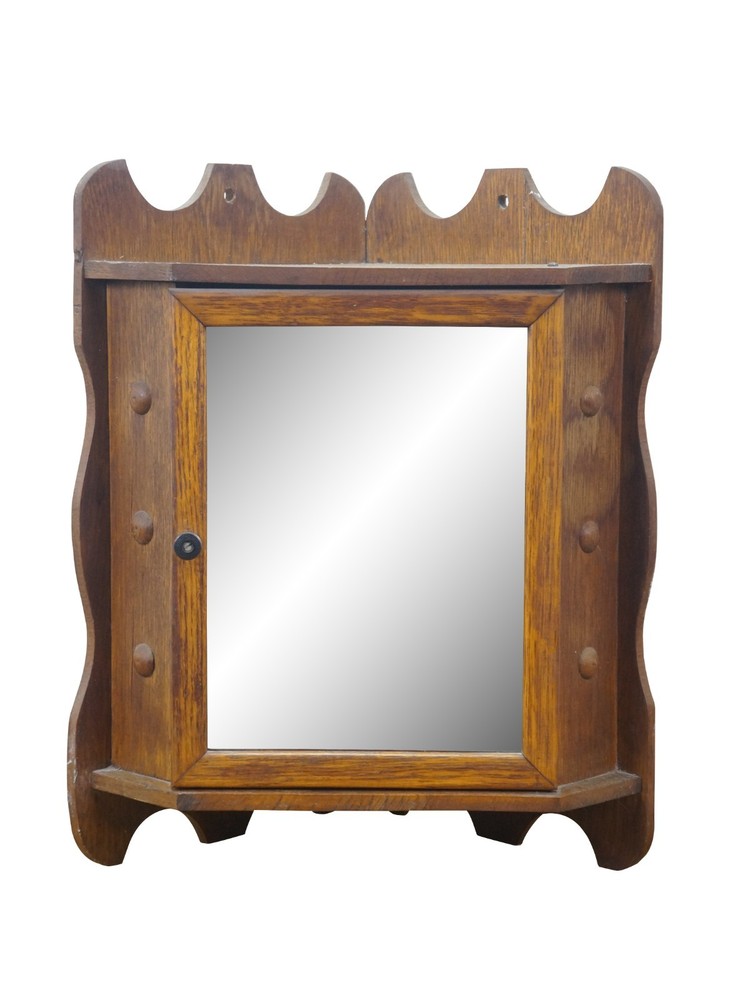 Antique Quartersawn Oak Mirrored Corner Medicine Cabinet Cupboard 20″