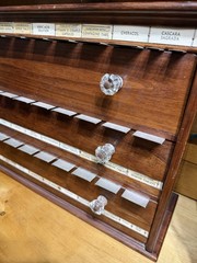 Antique Apothecary Cabinet Wood Multi-Drawer Glass Pulls Medical WITH LABELS