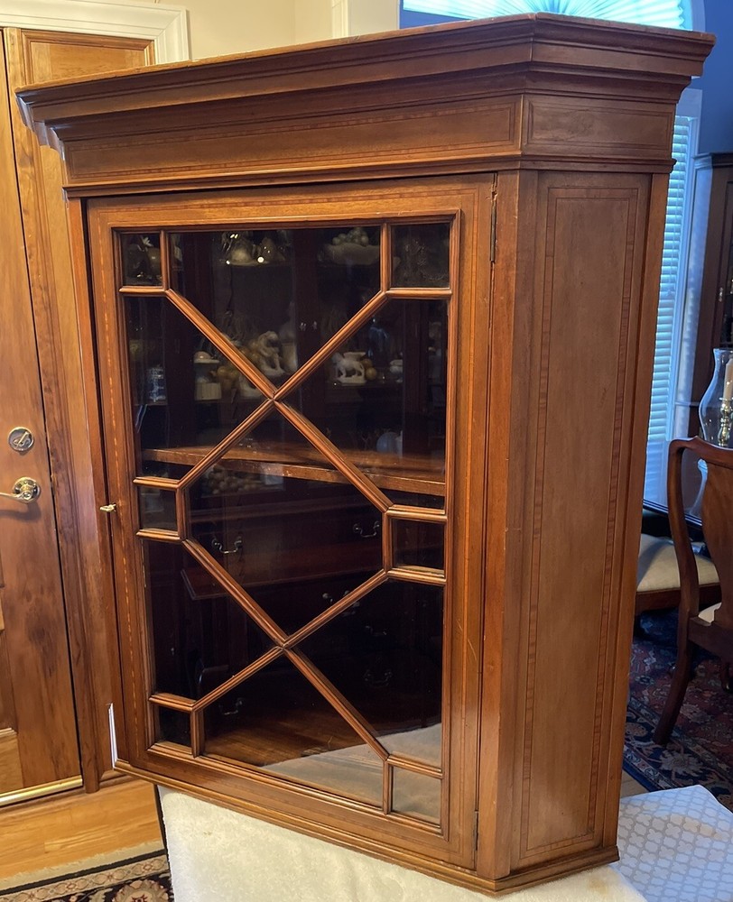 Mahogany Georgian Hanging Corner Cabinet Or Cupboard, 13 Pane Door 38”T