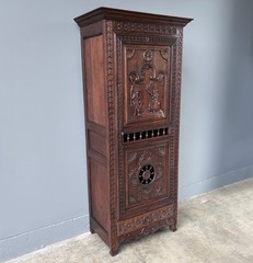 71″ Tall French Antique Breton Cabinet in Solid Chestnut Wood w/Carved Figures
