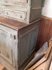 Antique Country Farmhouse Old Blue Milk Paint 2 Piece Step Back Cabinet Cupboard