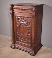 French Antique Solid Oak Wood Cabinet with Highly Carved Virgin Mary Door