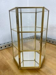 MCM Miniature Brass & Glass Tabletop 3-Shelf Double Door Curio Display Cabinet