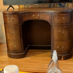Antique Kidney Shaped Wood & Leather Cabinet w/ Shelves, Brown 32″x30″x24″