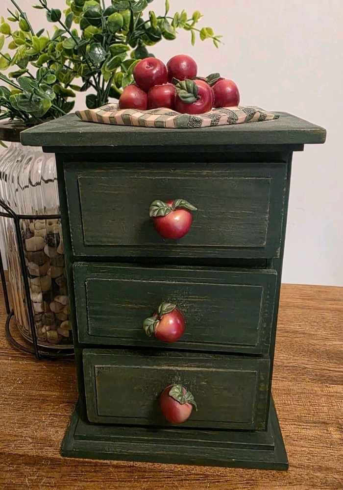 Vtg Small Rustic Green Wood 3 Drawer Trinket Spice Cabinet Apple Knobs Country