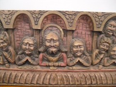 19th C LAST SUPPER ICON FROM 1 1/4″ THICK BOARD HAND CARVED 19 X 9″ HAND PAINTED