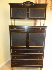RARE CHIC 40’s GROSFELD HOUSE BLACK LACQUERED CABINET w/ CANE WORK & BRASS